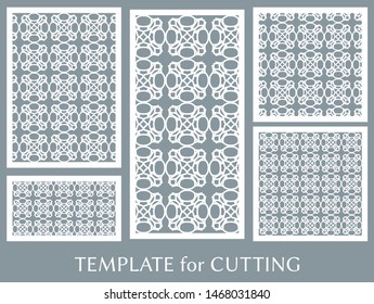 Decorative panels set for laser cutting. Geometric ornament for wedding invitation, envelope, greeting or business cards, Template for paper cut, printing, engraving wood, metal. Stencil manufacturing