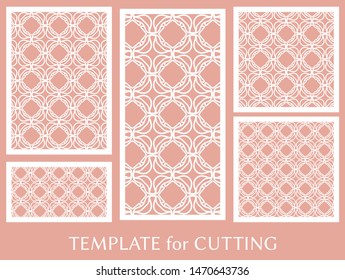 Decorative panels set for laser cutting. Geometric ornament for wedding invitation, envelope, greeting or business cards, Template for paper cut, printing, engraving wood, metal. Stencil manufacturing
