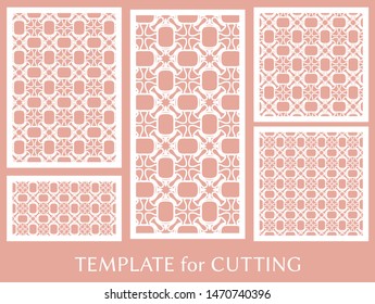 Decorative panels set for laser cutting. Geometric ornament for wedding invitation, envelope, greeting or business cards, Template for paper cut, printing, engraving wood, metal. Stencil manufacturing