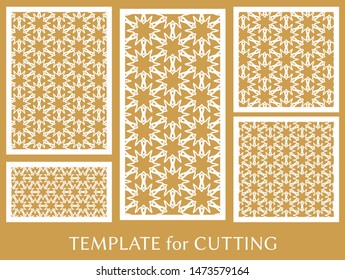 Decorative panels set for laser cutting. Geometric ornament for wedding invitation, envelope, greeting or business cards, Template for paper cut, printing, engraving wood, metal. Stencil manufacturing