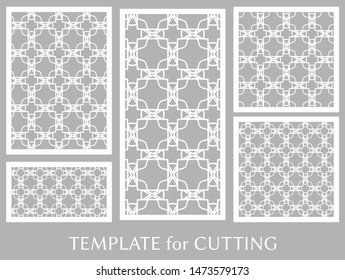 Decorative panels set for laser cutting. Geometric ornament for wedding invitation, envelope, greeting or business cards, Template for paper cut, printing, engraving wood, metal. Stencil manufacturing