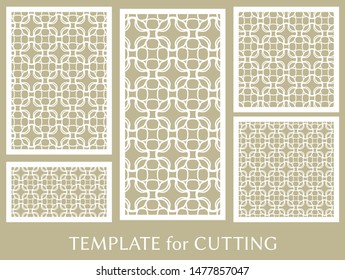 Decorative panels set for laser cutting. Geometric ornament for wedding invitation, envelope, greeting or business cards, Template for paper cut, printing, engraving wood, metal. Stencil manufacturing
