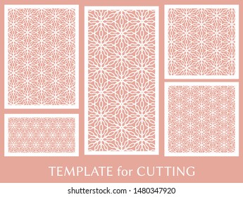 Decorative panels set for laser cutting. Geometric ornament for wedding invitation, envelope, greeting or business cards, Template for paper cut, printing, engraving wood, metal. Stencil manufacturing