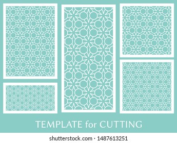 Decorative panels set for laser cutting. Geometric ornament for wedding invitation, envelope, greeting or business cards, Template for paper cut, printing, engraving wood, metal. Stencil manufacturing