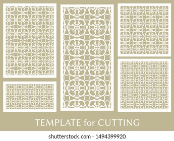 Decorative panels set for laser cutting. Geometric ornament for wedding invitation, envelope, greeting or business cards, Template for paper cut, printing, engraving wood, metal. Stencil manufacturing