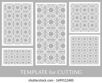 Decorative panels set for laser cutting. Geometric ornament for wedding invitation, envelope, greeting or business cards, Template for paper cut, printing, engraving wood, metal. Stencil manufacturing
