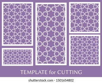 Decorative panels set for laser cutting. Geometric ornament for wedding invitation, envelope, greeting or business cards, Template for paper cut, printing, engraving wood, metal. Stencil manufacturing