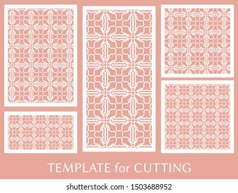Decorative panels set for laser cutting. Geometric ornament for wedding invitation, envelope, greeting or business cards, Template for paper cut, printing, engraving wood, metal. Stencil manufacturing