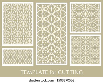 Decorative panels set for laser cutting. Geometric ornament for wedding invitation, envelope, greeting or business cards, Template for paper cut, printing, engraving wood, metal. Stencil manufacturing