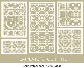 Decorative panels set for laser cutting. Geometric ornament for wedding invitation, envelope, greeting or business cards, Template for paper cut, printing, engraving wood, metal. Stencil manufacturing