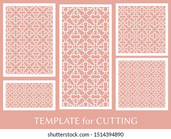 Decorative panels set for laser cutting. Geometric ornament for wedding invitation, envelope, greeting or business cards, Template for paper cut, printing, engraving wood, metal. Stencil manufacturing