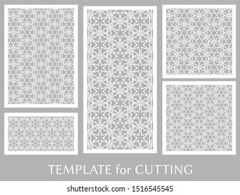 Decorative panels set for laser cutting. Geometric ornament for wedding invitation, envelope, greeting or business cards, Template for paper cut, printing, engraving wood, metal. Stencil manufacturing