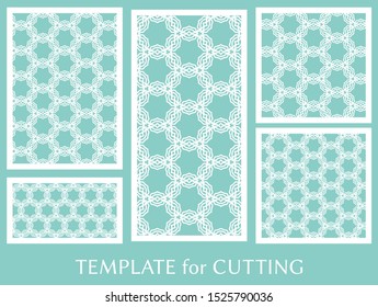 Decorative panels set for laser cutting. Geometric ornament for wedding invitation, envelope, greeting or business cards, Template for paper cut, printing, engraving wood, metal. Stencil manufacturing