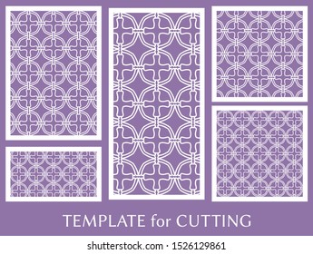 Decorative panels set for laser cutting. Geometric ornament for wedding invitation, envelope, greeting or business cards, Template for paper cut, printing, engraving wood, metal. Stencil manufacturing