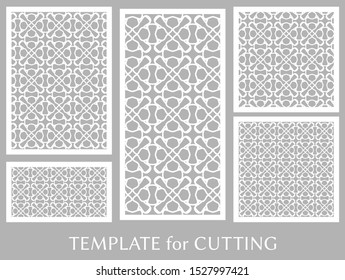 Decorative panels set for laser cutting. Geometric ornament for wedding invitation, envelope, greeting or business cards, Template for paper cut, printing, engraving wood, metal. Stencil manufacturing