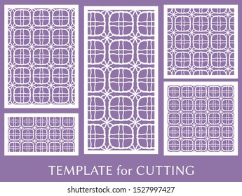 Decorative panels set for laser cutting. Geometric ornament for wedding invitation, envelope, greeting or business cards, Template for paper cut, printing, engraving wood, metal. Stencil manufacturing
