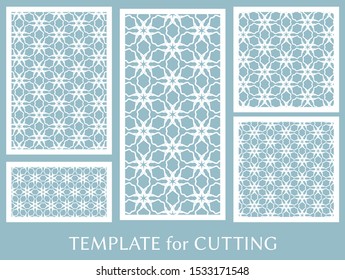 Decorative panels set for laser cutting. Geometric ornament for wedding invitation, envelope, greeting or business cards, Template for paper cut, printing, engraving wood, metal. Stencil manufacturing