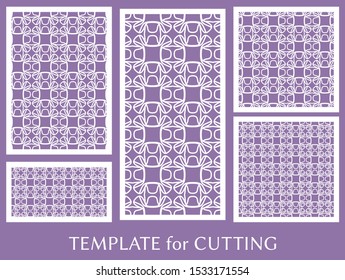 Decorative panels set for laser cutting. Geometric ornament for wedding invitation, envelope, greeting or business cards, Template for paper cut, printing, engraving wood, metal. Stencil manufacturing