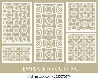 Decorative panels set for laser cutting. Geometric ornament for wedding invitation, envelope, greeting or business cards, Template for paper cut, printing, engraving wood, metal. Stencil manufacturing