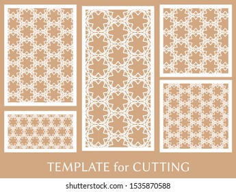 Decorative panels set for laser cutting. Geometric ornament for wedding invitation, envelope, greeting or business cards, Template for paper cut, printing, engraving wood, metal. Stencil manufacturing