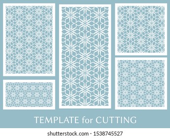 Decorative panels set for laser cutting. Geometric ornament for wedding invitation, envelope, greeting or business cards, Template for paper cut, printing, engraving wood, metal. Stencil manufacturing