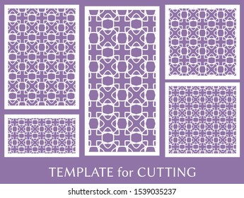 Decorative panels set for laser cutting. Geometric ornament for wedding invitation, envelope, greeting or business cards, Template for paper cut, printing, engraving wood, metal. Stencil manufacturing