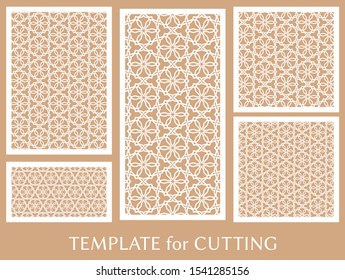 Decorative panels set for laser cutting. Geometric ornament for wedding invitation, envelope, greeting or business cards, Template for paper cut, printing, engraving wood, metal. Stencil manufacturing