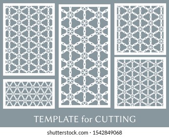 Decorative panels set for laser cutting. Geometric ornament for wedding invitation, envelope, greeting or business cards, Template for paper cut, printing, engraving wood, metal. Stencil manufacturing