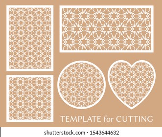 Decorative panels set for laser cutting. Geometric round ornament and heart element for wedding invitation, envelope, greeting card. Template for paper cut, printing. Stencil manufacturing