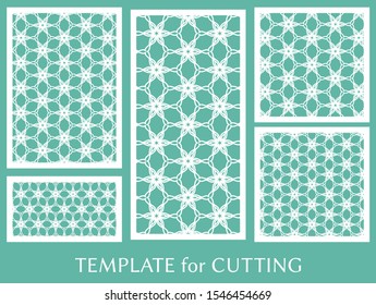 Decorative panels set for laser cutting. Geometric ornament for wedding invitation, envelope, greeting or business cards, Template for paper cut, printing, engraving wood, metal. Stencil manufacturing