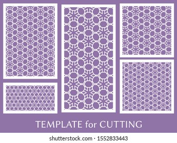 Decorative panels set for laser cutting. Geometric ornament for wedding invitation, envelope, greeting or business cards, Template for paper cut, printing, engraving wood, metal. Stencil manufacturing