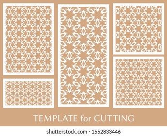 Decorative panels set for laser cutting. Geometric ornament for wedding invitation, envelope, greeting or business cards, Template for paper cut, printing, engraving wood, metal. Stencil manufacturing