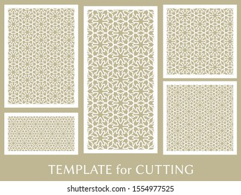 Decorative panels set for laser cutting. Geometric ornament for wedding invitation, envelope, greeting or business cards, Template for paper cut, printing, engraving wood, metal. Stencil manufacturing