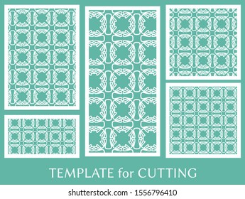 Decorative panels set for laser cutting. Geometric ornament for wedding invitation, envelope, greeting or business cards, Template for paper cut, printing, engraving wood, metal. Stencil manufacturing