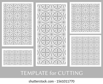 Decorative panels set for laser cutting. Geometric ornament for wedding invitation, envelope, greeting or business cards, Template for paper cut, printing, engraving wood, metal. Stencil manufacturing
