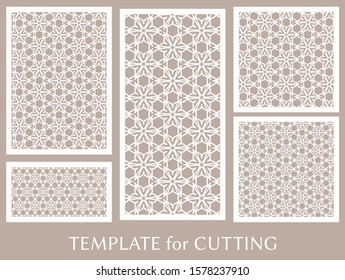 Decorative panels set for laser cutting. Geometric ornament for wedding invitation, envelope, greeting or business cards, Template for paper cut, printing, engraving wood, metal. Stencil manufacturing