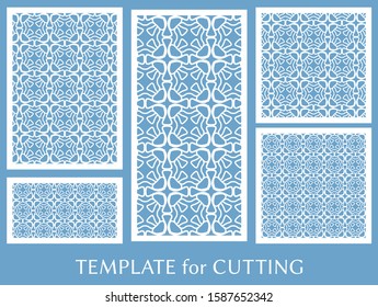 Decorative panels set for laser cutting. Geometric ornament for wedding invitation, envelope, greeting or business cards, Template for paper cut, printing, engraving wood, metal. Stencil manufacturing
