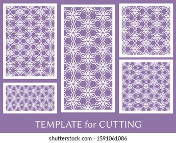 Decorative panels set for laser cutting. Geometric ornament for wedding invitation, envelope, greeting or business cards, Template for paper cut, printing, engraving wood, metal. Stencil manufacturing