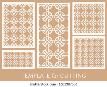 Decorative panels set for laser cutting. Geometric ornament for wedding invitation, envelope, greeting or business cards, Template for paper cut, printing, engraving wood, metal. Stencil manufacturing