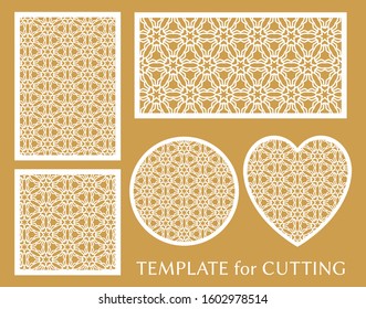 Decorative panels set for laser cutting. Geometric round ornament and heart element for wedding invitation, envelope, greeting card. Template for paper cut, printing. Stencil manufacturing