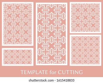 Decorative panels set for laser cutting. Geometric ornament for wedding invitation, envelope, greeting or business cards, Template for paper cut, printing, engraving wood, metal. Stencil manufacturing