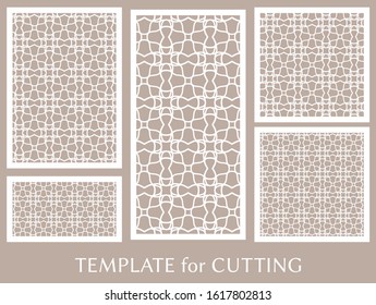 Decorative panels set for laser cutting. Geometric ornament for wedding invitation, envelope, greeting or business cards, Template for paper cut, printing, engraving wood, metal. Stencil manufacturing