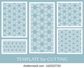 Decorative panels set for laser cutting. Geometric ornament for wedding invitation, envelope, greeting or business cards, Template for paper cut, printing, engraving wood, metal. Stencil manufacturing