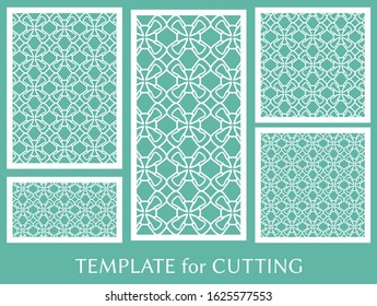 Decorative panels set for laser cutting. Geometric ornament for wedding invitation, envelope, greeting or business cards, Template for paper cut, printing, engraving wood, metal. Stencil manufacturing