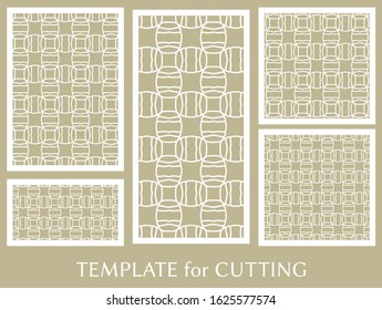 Decorative panels set for laser cutting. Geometric ornament for wedding invitation, envelope, greeting or business cards, Template for paper cut, printing, engraving wood, metal. Stencil manufacturing