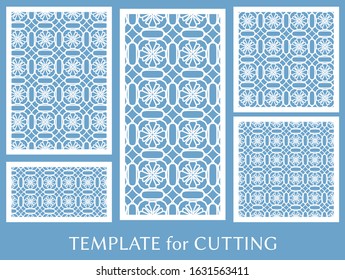 Decorative panels set for laser cutting. Geometric ornament for wedding invitation, envelope, greeting or business cards, Template for paper cut, printing, engraving wood, metal. Stencil manufacturing