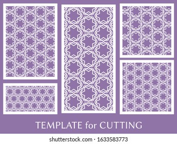 Decorative panels set for laser cutting. Geometric ornament for wedding invitation, envelope, greeting or business cards, Template for paper cut, printing, engraving wood, metal. Stencil manufacturing