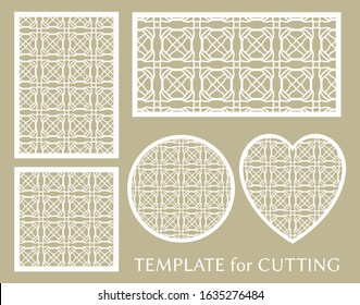 Decorative panels set for laser cutting. Geometric round ornament and heart element for wedding invitation, envelope, greeting card. Template for paper cut, printing. Stencil manufacturing