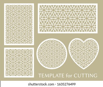 Decorative panels set for laser cutting. Geometric round ornament and heart element for wedding invitation, envelope, greeting card. Template for paper cut, printing. Stencil manufacturing