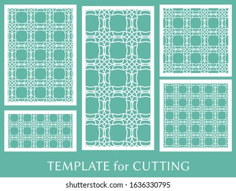 Decorative panels set for laser cutting. Geometric ornament for wedding invitation, envelope, greeting or business cards, Template for paper cut, printing, engraving wood, metal. Stencil manufacturing